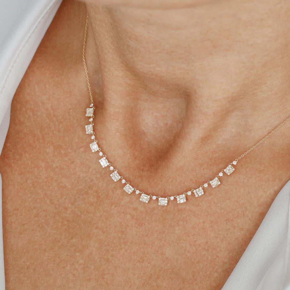 Round & Baguette Diamond Minimalist Necklace