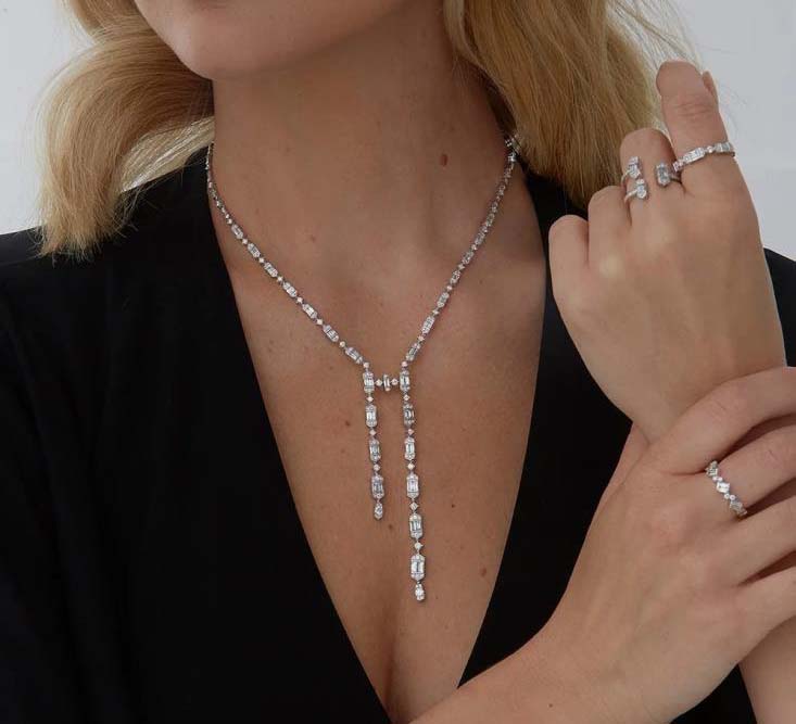 Round & Baguette Diamond Lariat Necklace